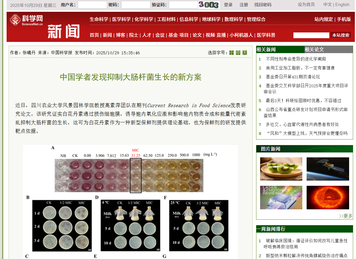 【媒体视角-科学网】中国学者发现抑制大肠杆菌生长的新方案